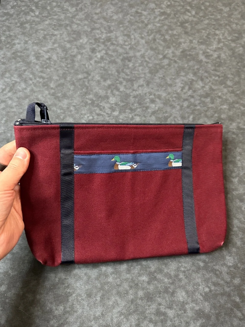 Vintage 1983 Heather Burgundy Canvas Travel Pouch with Mallard Duck Embroidery